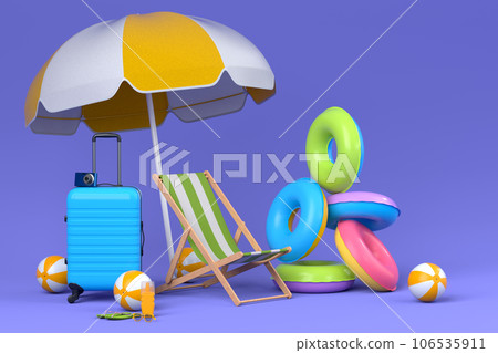 Colorful suitcase or baggage with beach accessories on violet background. Colorful suitcase or baggage with beach accessories on violet background. 106535911