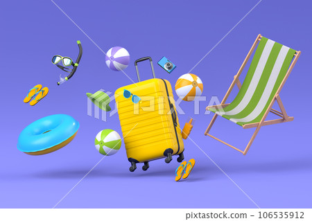 Colorful suitcase or baggage with beach accessories on violet background. Colorful suitcase or baggage with beach accessories on violet background. 106535912