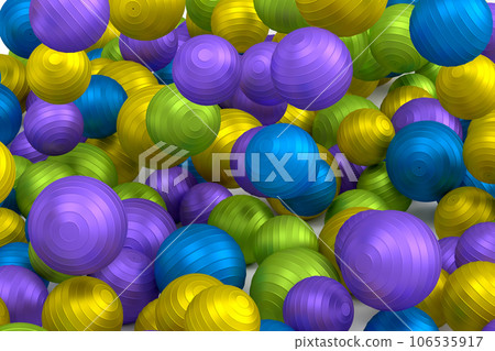 Many of flying multicolor fitness ball or fitball falling on white background 106535917