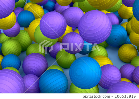 Many of flying multicolor fitness ball or fitball falling on blue background 106535919