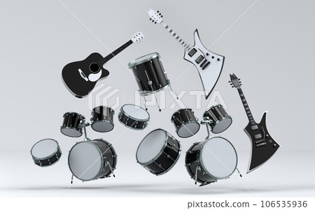 Set of electric acoustic guitars and drums with cymbals on white background Set of electric acoustic guitars and drums with cymbals on white background 106535936