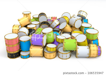 Heap of drums or drumset lying on white background Heap of drums or drumset lying on white background 106535947