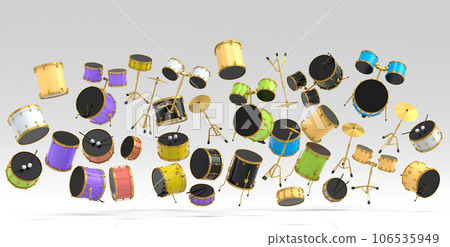 Many of flying drums with metal cymbals or drumset on white background Many of flying drums with metal cymbals or drumset on white background 106535949