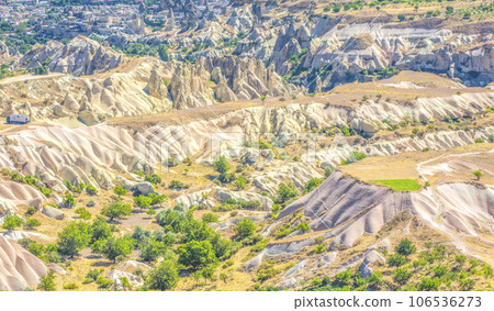 Bizarre rock formations of volcanic Tuff and basalt in Cappadocia, Turkey 106536273