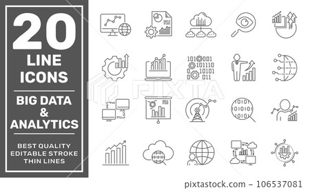 Set of data analysis related technology vector line icons. Contains such Icons as Charts, Graphs, Traffic Analysis, Data Analytics, Big Data and more. Editable Stroke Set of data analysis related technology vector line icons. Contains such Icons as Charts, Graphs, Traffic Analysis, Data Analytics, Big Data and more. Editable Stroke 106537081