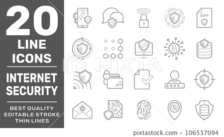 Internet services and database protection vector linear icons set. Collection of internet hosting and server data transfer icons isolated contour illustrations. Editable Stroke. EPS 10. Internet services and database protection vector linear icons set. Collection of internet hosting and server data transfer icons isolated contour illustrations. Editable Stroke. EPS 10. 106537094