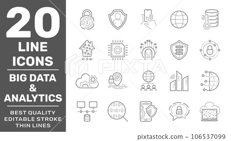 Big data and Data analysis vector line icons, minimal pictogram design. Editable Stroke. EPS 10. 106537099