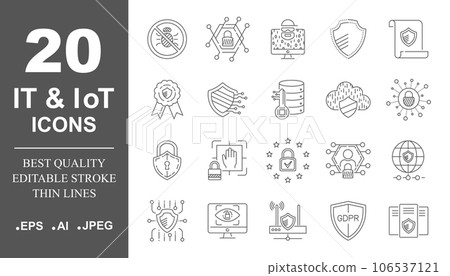 Data protection, IT, IoT, internet security icons set. Editable Stroke. EPS 10. 106537121