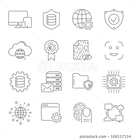 Digital Technology related vector line icons. Contains such icons as Hosting, Face Recognition, Analysis Network, Digital Protection and more. Editable Stroke 106537134