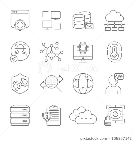 Digital Technology related vector line icons. Contains such icons as Hosting, Face Recognition, Analysis Network, Digital Protection and more. Editable Stroke 106537141
