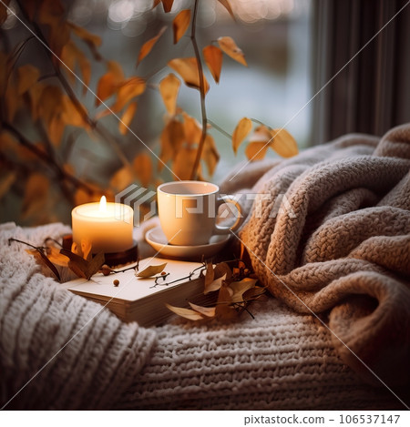 Fall aesthetics, autumn interior decor with cozy blanket and burning candles 106537147