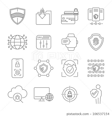 Modern digital technologies. Face recognition, fingerprint scanner, data protection, personal security, digital communication systems, social networks. Protection concept. Editable Stroke. EPS 10 106537154