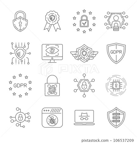 Data protection and cyber security thin line icons set. Cyber security, data and network protection. Protection technology, web services for business and internet safety. Data protection and cyber security thin line icons set. Cyber security, data and network protection. Protection technology, web services for business and internet safety. 106537209