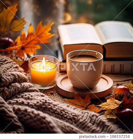 Fall aesthetics, autumn interior decor with cozy blanket and burning candles Fall aesthetics, autumn interior decor with cozy blanket and burning candles 106537258