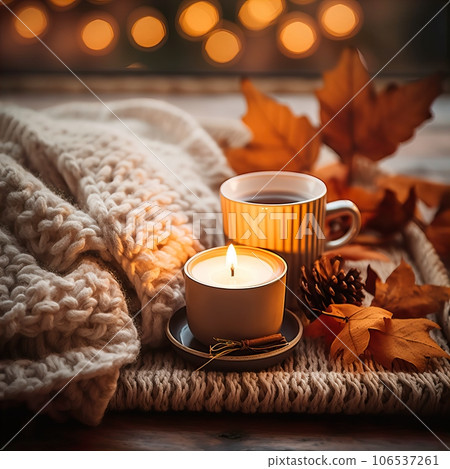 Fall aesthetics, autumn interior decor with cozy blanket and burning candles Fall aesthetics, autumn interior decor with cozy blanket and burning candles 106537261