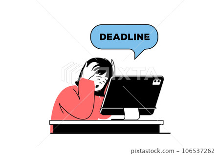 Freelance concept with people scene in flat web design. Overworked woman in despair and stress and trying to finish task to deadline. Vector illustration for social media banner, marketing material. Freelance concept with people scene in flat web design. Overworked woman in despair and stress and trying to finish task to deadline. Vector illustration for social media banner, marketing material. 106537262