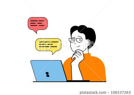 Freelance concept with people scene in flat web design. Man chatting with client and discussing tasks, working on project online. Vector illustration for social media banner, marketing material. Freelance concept with people scene in flat web design. Man chatting with client and discussing tasks, working on project online. Vector illustration for social media banner, marketing material. 106537263