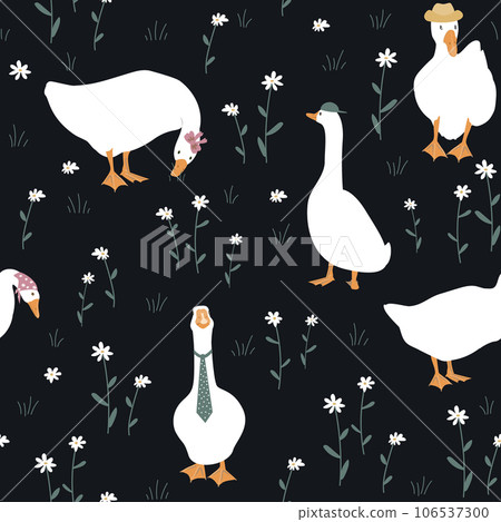 Cute dressed geese seamless pattern. Fashionable goose in a hat, tie, scarf. Funny vector background 106537300
