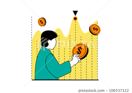Finance concept with people scene in flat web design. Man using financial strategy for increase profit chart, making audit analysis. Vector illustration for social media banner, marketing material. 106537322