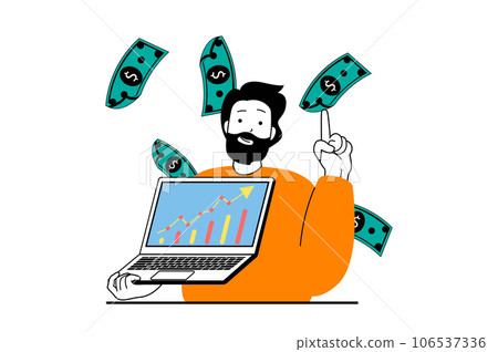 Finance concept with people scene in flat web design. Man developing financial strategy, earning more money and showing growth chart. Vector illustration for social media banner, marketing material. Finance concept with people scene in flat web design. Man developing financial strategy, earning more money and showing growth chart. Vector illustration for social media banner, marketing material. 106537336
