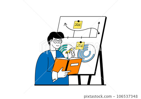 Finance concept with people scene in flat web design. Man manages financial balance and analyzing budget using presentation report. Vector illustration for social media banner, marketing material. 106537348