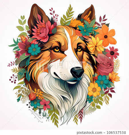 Image of pattern design using collie dog and flowers and leaves. Pet. Animals. Illustration, Generative AI. 106537538
