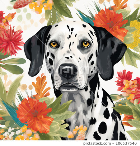 Image of pattern design using dalmatian dog and flowers and leaves. Pet. Animals. Illustration, Generative AI. Image of pattern design using dalmatian dog and flowers and leaves. Pet. Animals. Illustration, Generative AI. 106537540