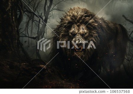 Image of a lion in the forest with a scary atmosphere, Wildlife Animals., Generative AI, Illustration. Image of a lion in the forest with a scary atmosphere, Wildlife Animals., Generative AI, Illustration. 106537568