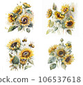 Watercolor set of sunflower bouquet on white background. For greeting carts, decor, scrapbooking, prints. Ai generative. 106537618