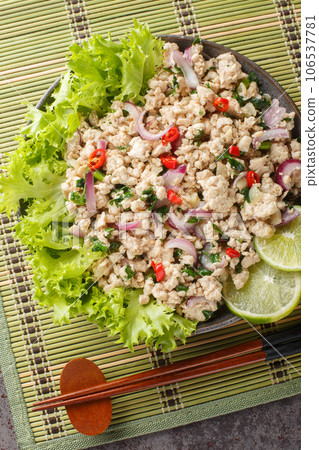 Larp or larb gai is a classic Thai Laos chicken salad, packed with delicious lemongrass, lime, cilantro and chili closeup on the plate. Vertical top view Larp or larb gai is a classic Thai Laos chicken salad, packed with delicious lemongrass, lime, cilantro and chili closeup on the plate. Vertical top view 106537781