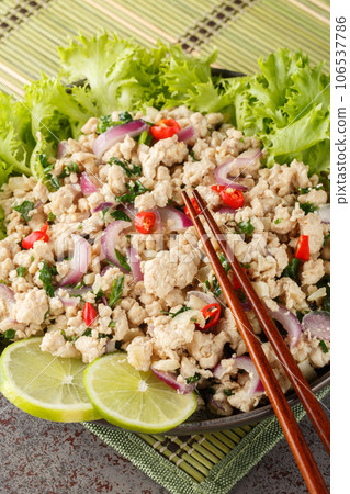 Larp or larb gai is a classic Thai Laos chicken salad, packed with delicious lemongrass, lime, cilantro and chili closeup on the plate. Vertical 106537786