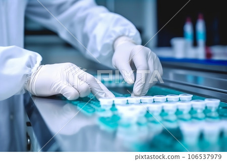 Medical vials production line: hand with sanitary gloves checking pharmaceutical bottles in a sterile factory Medical vials production line: hand with sanitary gloves checking pharmaceutical bottles in a sterile factory 106537979