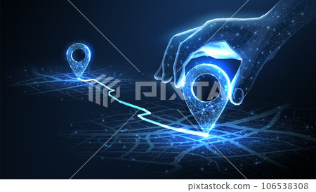 Digital hand set location on map with two pins. AI technology in GPs, innovation delivery 106538308