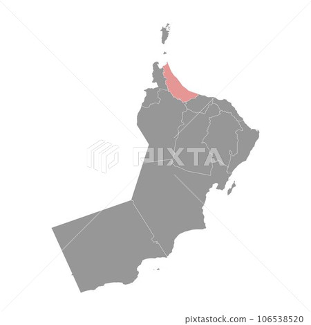 Al Batinah North Governorate map, administrative division of Oman. Vector illustration. Al Batinah North Governorate map, administrative division of Oman. Vector illustration. 106538520