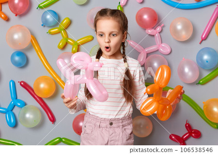 Amazed kid. Surprised festive little girl with braids standing against gray wall holding colorful balloons, looking with big eyes and open mouth, expressing astonishment. Amazed kid. Surprised festive little girl with braids standing against gray wall holding colorful balloons, looking with big eyes and open mouth, expressing astonishment. 106538546