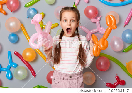 Wow, it great. Surprised child. Adorable birthday little girl with braids standing against gray wall decorated with colorful balloons, screaming with excitement. Wow, it great. Surprised child. Adorable birthday little girl with braids standing against gray wall decorated with colorful balloons, screaming with excitement. 106538547