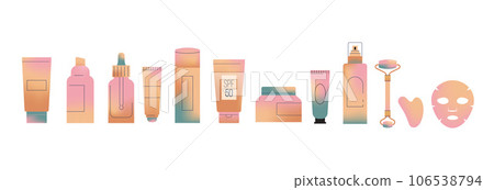 Skin Care products illustrations, skincare routine. Cream, lotion, mask, eye cream and sunscreen Skin Care products illustrations, skincare routine. Cream, lotion, mask, eye cream and sunscreen 106538794