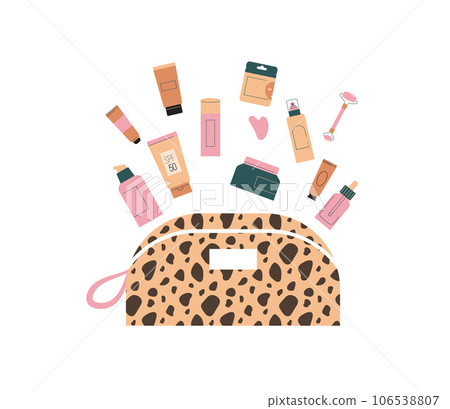 Skin Care, cosmetics, makeup pouch illustration, skincare routine. Cream, lotion, mask, eye cream 106538807