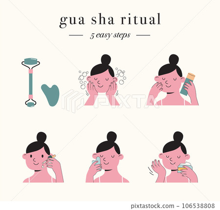 Skincare, routine illustrations with cute girls. Cream, lotion, mask, eye cream and sunscreen Skincare, routine illustrations with cute girls. Cream, lotion, mask, eye cream and sunscreen 106538808
