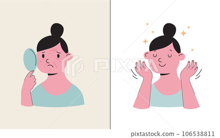 Skincare, routine illustrations with cute girls. Cream, lotion, mask, eye cream and sunscreen 106538811