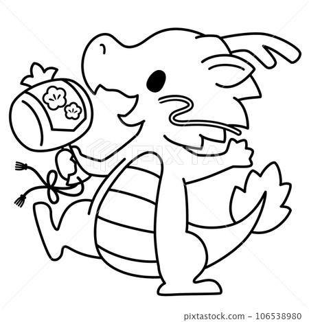 Line drawing illustration of a dragon holding a hammer 106538980