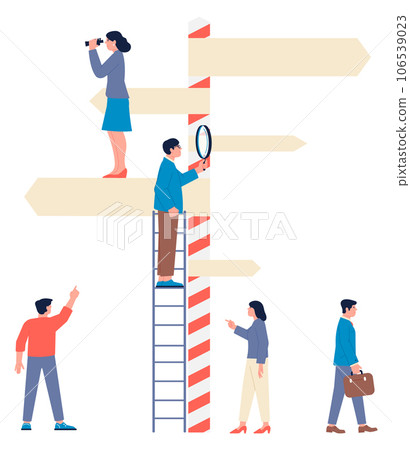 People looking in different directions of signpost. Future opportunities 106539023