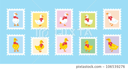 duck vector stamp sticker post mail icon cartoon character yellow rubber duck logo shower bathroom bird chicken symbol doodle illustration isolated design 106539276