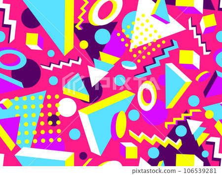 Memphis seamless pattern with 3d geometric shapes in 80s style. Colorful geometric pattern. Design of promotional products, wrapping paper and printing. Vector illustration 106539281
