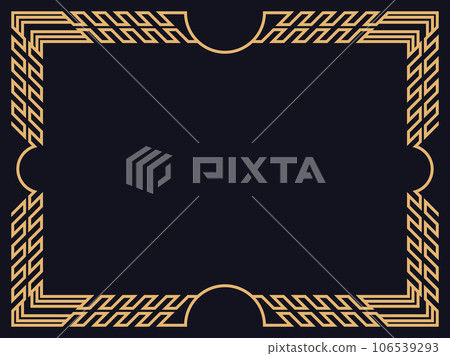 Art deco frame. Vintage linear border in gold color on a black background. Design a template for invitations, leaflets and greeting cards. The style of the 1920s - 1930s. Vector illustration 106539293