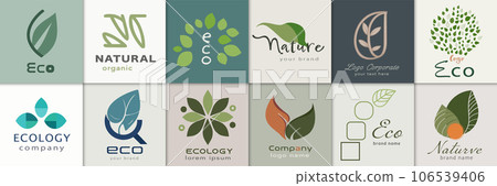 Set template modern and trendy packaging design logos with leaves for business company. Branding abstract badge for health - spa - green natural and organic products or ecology concept 106539406