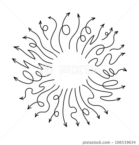 Round frame with line arrows pointing outward. Vector curvy and wavy arrows set isolated on white background. 106539634