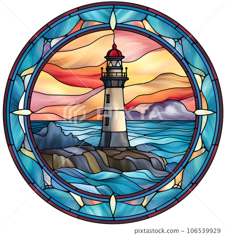 Stained glass style circle icon lighthouse Generative AI 106539929