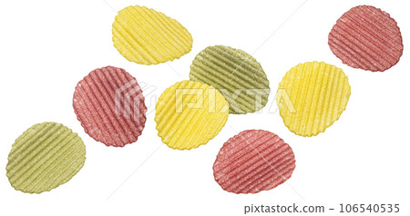 Mix of vegetable chips isolated on white background Mix of vegetable chips isolated on white background 106540535