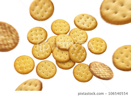 Falling round cheese crackers isolated on white background, top view 106540554